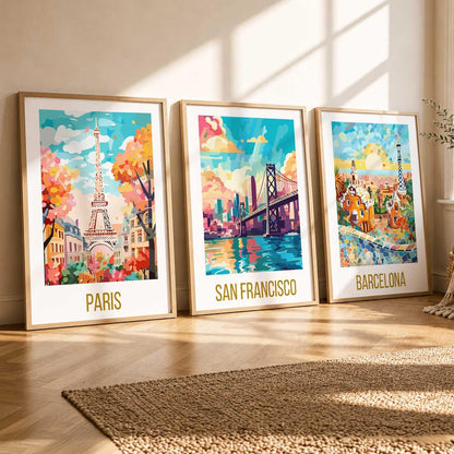 Decorative Travel poster With Frame Wall Art Home Decor Painting For Living Room Office Hotel Wall Decor Digital Reprint Set of 3 (13X17 inch)