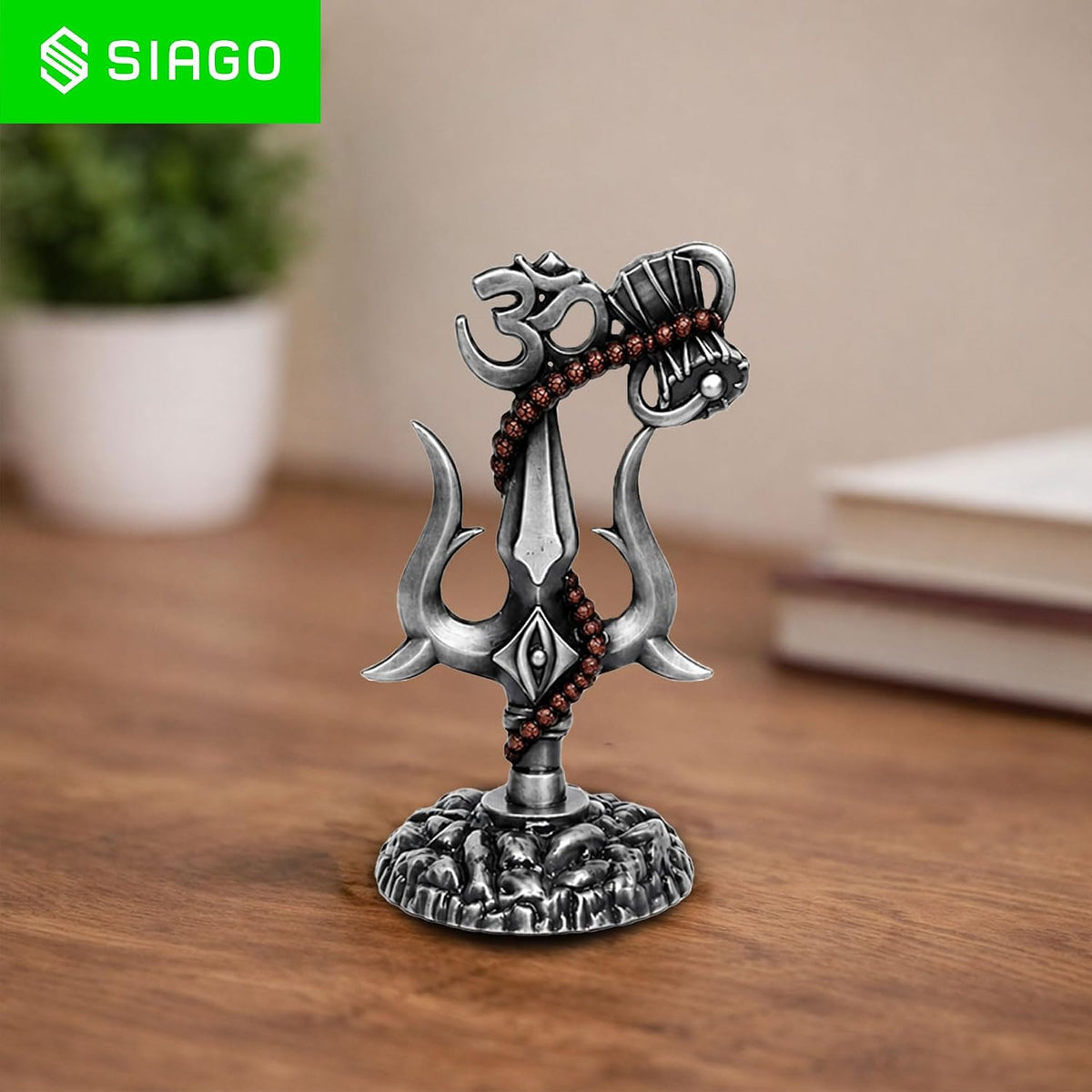 Shiv Trishul Damru & Om Idol | Metal Shiva Showpiece for Mandir & Car Dashboard Grey SIA481