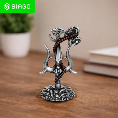 Shiv Trishul Damru & Om Idol | Metal Shiva Showpiece for Mandir & Car Dashboard Grey SIA481
