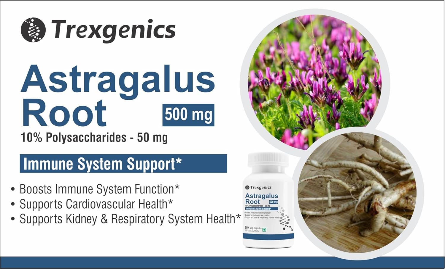 Treksgenics Astragalus Root supplement packaging with images of astragalus roots and flowers.