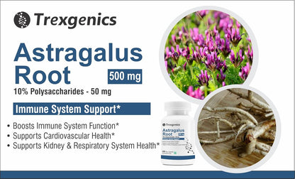 Treksgenics Astragalus Root supplement packaging with images of astragalus roots and flowers.