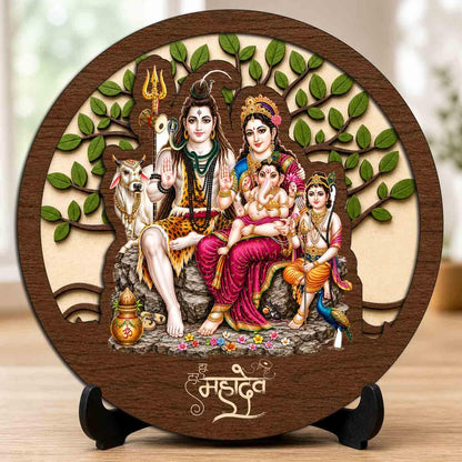 Plan To Gift Shiv Parivar Premium Wooden God Idol for Indoor Temple, Living Room Shelf, Work Desk & Puja Decor - 5x5 Inch