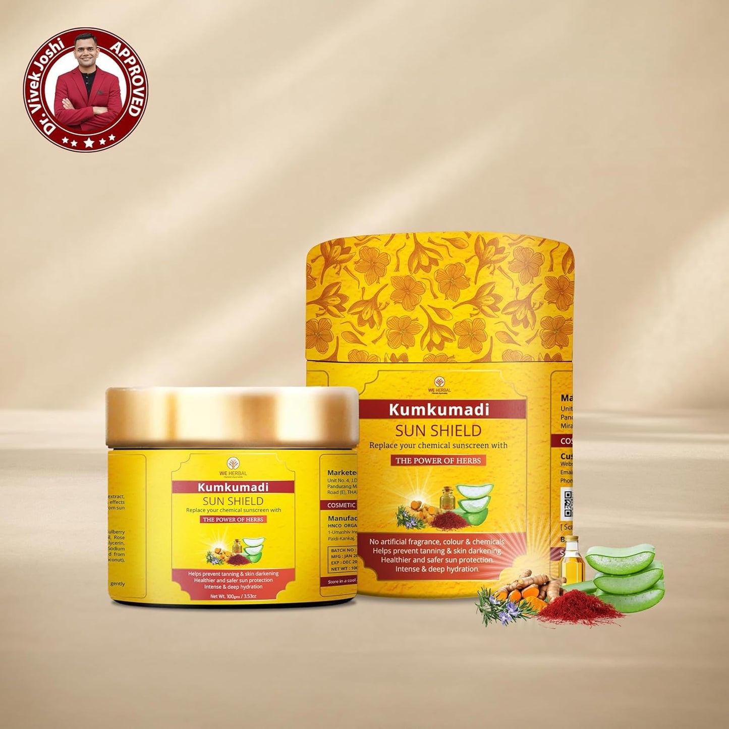 Kumkumadi Sunscreen 100gm, Ayurvedic Sun Shield with Saffron, Aloe Vera,turmeric & Licorice, Sun Protection with herbs and oils no White Cast, Non Greasy, No artificial colour & Fragrance