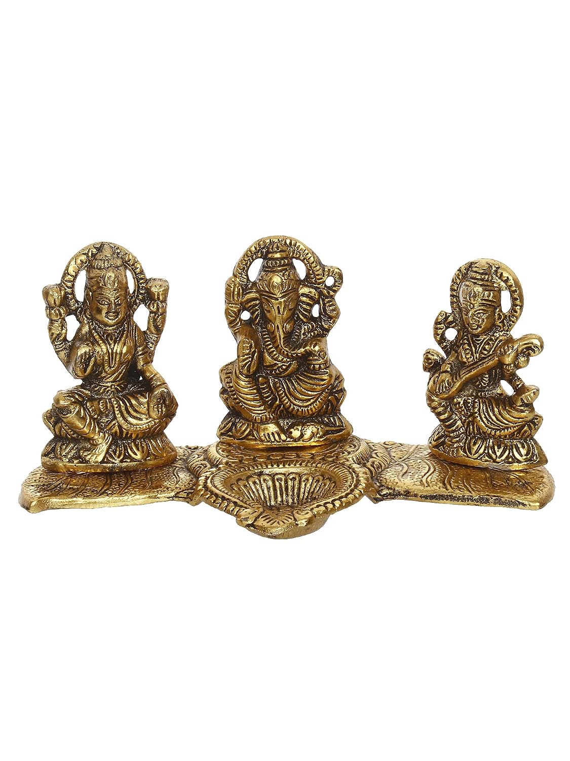 Golden Metal Handcrafted Lakshmi Ganesha Saraswati Idols with Diya On Leaf Chowki - Auspicious Decorative Idols & Diyas for Puja Room, Home, Office, Temple - Gift for Diwali, Housewarming