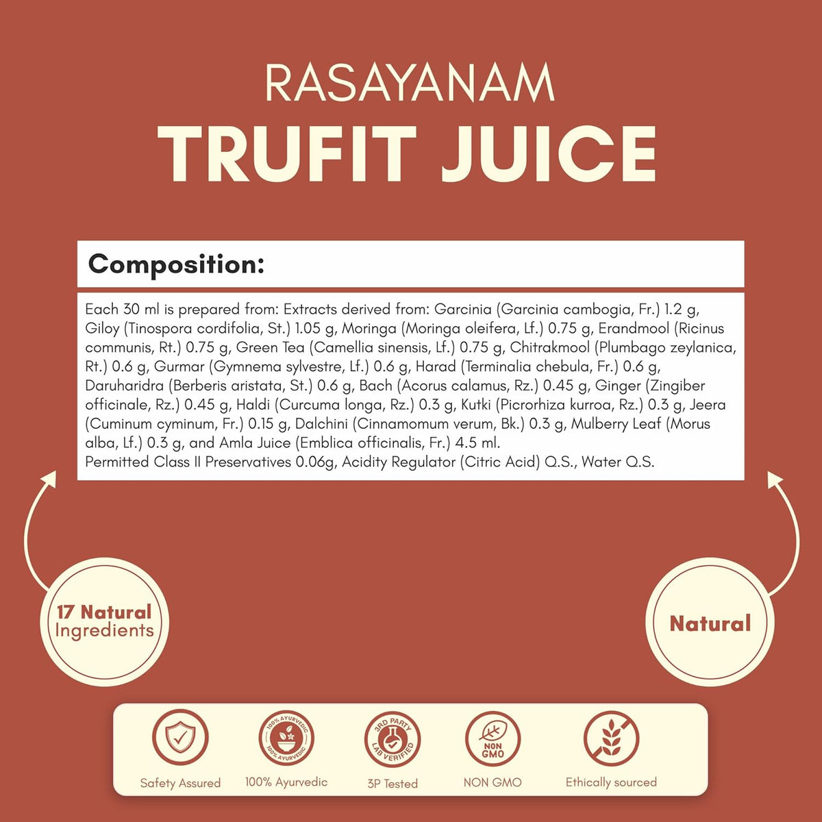 Rasayanam Trufit Juice label with composition details and natural ingredients on a brown background