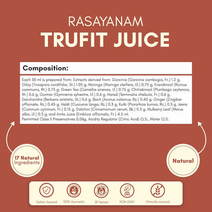 Rasayanam Trufit Juice label with composition details and natural ingredients on a brown background