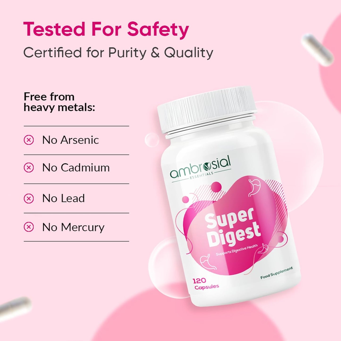 Ambrosial Super Digest supplement bottle on a pink background with safety certification text.