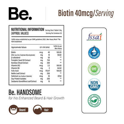 Be. Handsome Biotin Tablets for Hair Growth & Beard Enhancement for Men | B12 Vitamin Tablets with Pumpkin Seed Oil, Sesbania Extract & Vitamins | Hair & Beard Health | 60 Veg Capsules | 30 Day Supply