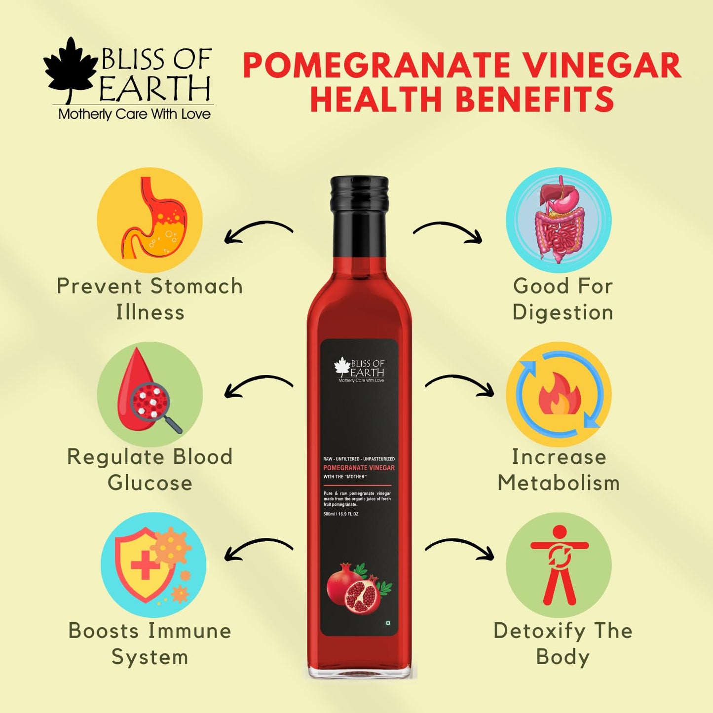 Bliss of Earth Raw Pomegranate Vinegar With Mother, Unfiltered Anar Ka Sirka For Cooking, Healhty Digestion & Metabolism, 500ml