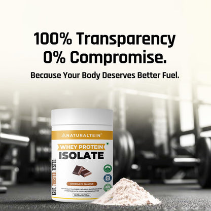 Naturaltein whey protein isolate container with protein powder on a blurred gym background
