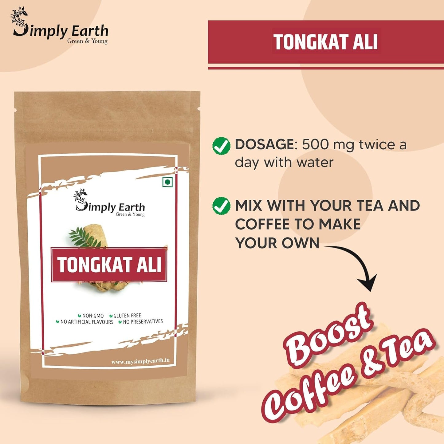 Simply Earth Power & Focus Combo: 50g Pure Tongkat Ali Root Powder (100:1 Extract) + 100g Ginkgo Biloba Powder - Herbal Blend for Stress Tolerance, Brain Health and Strength