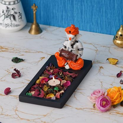 Orange White Resin Lord Ganesha Statue Playing Dholak Showpiece Potpourri Rectangle Tea Light Candle Holder|Ganpati Murti Tea Light Holder Diwali Decoration Item for Home Decor|Diwali Gift