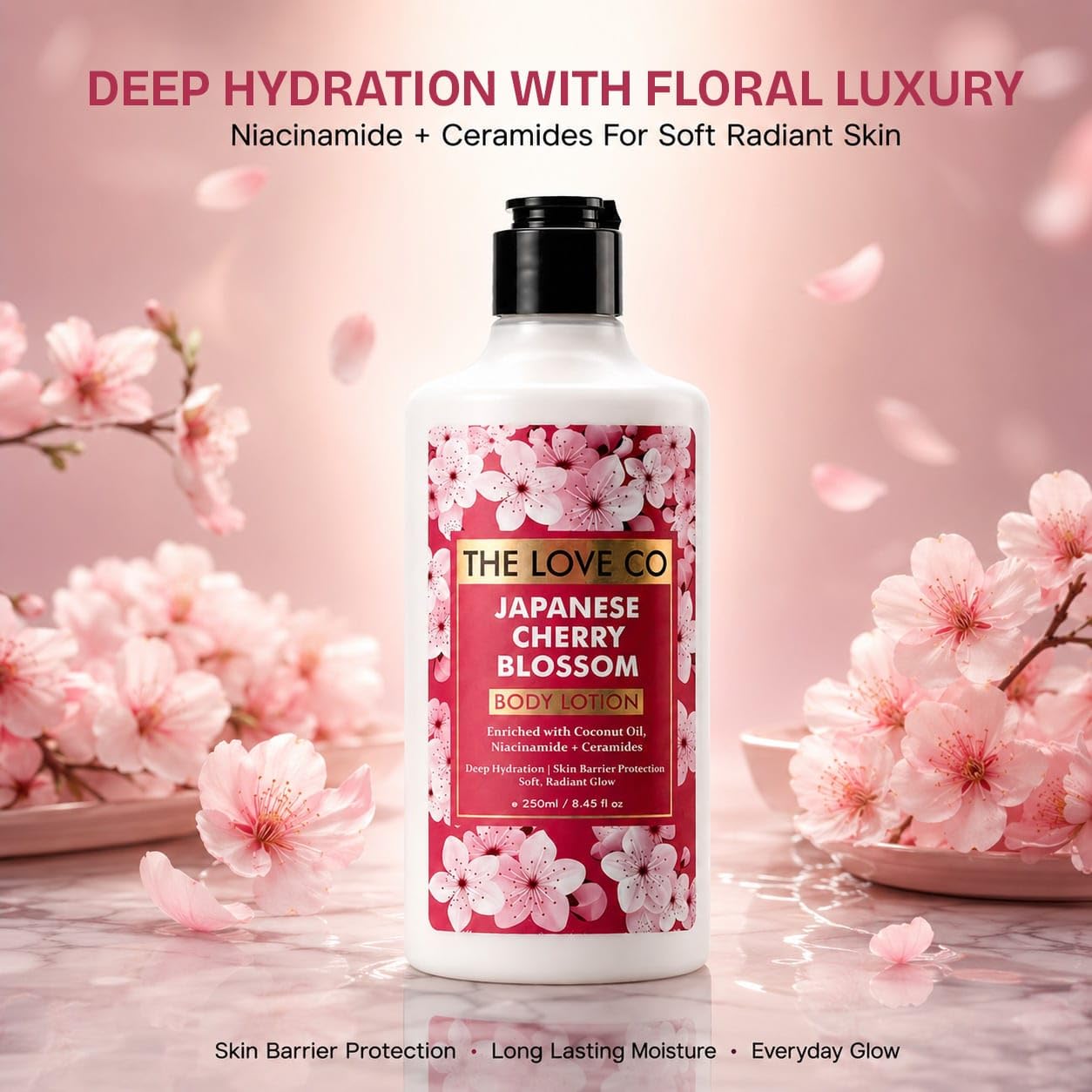 The Love Co Japanese Cherry Blossom Body Lotion for Women | Perfume Body Lotion with Niacinamide, Ceramides, Shea Butter & Coconut Oil | 48Hr Deep Hydration, Non-Greasy Moisturizer for Dry Skin | 250ml