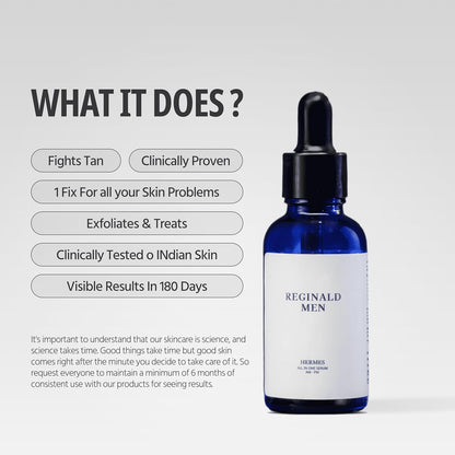 Bottle of Reginald Men skincare product with text on a light gray background