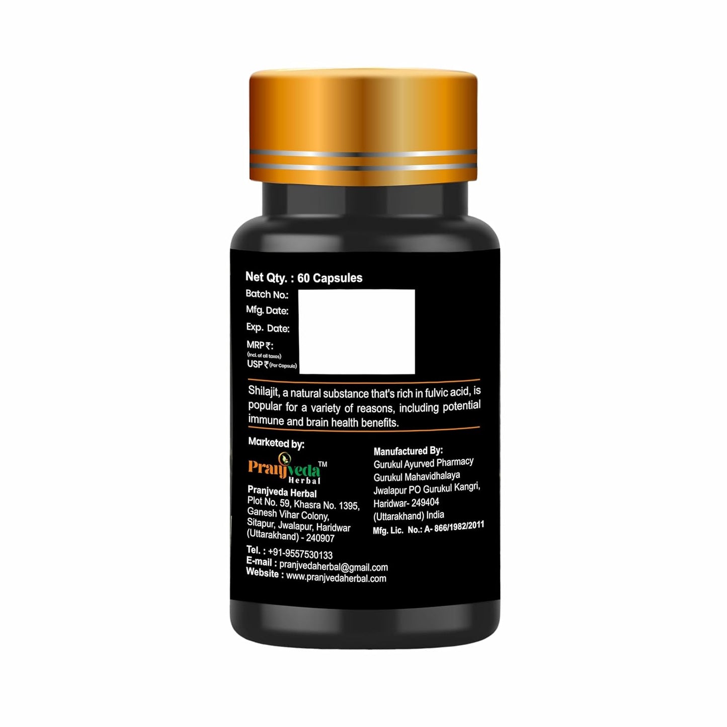 PRANJVEDA HERBAL Shilajit 60 Capsules Fulvic Acid Supplement, Natural Energy, Endurance Booster, Mineral-Rich Herbal Formula, Pack of 1