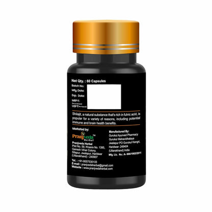 PRANJVEDA HERBAL Shilajit 60 Capsules Fulvic Acid Supplement, Natural Energy, Endurance Booster, Mineral-Rich Herbal Formula, Pack of 1