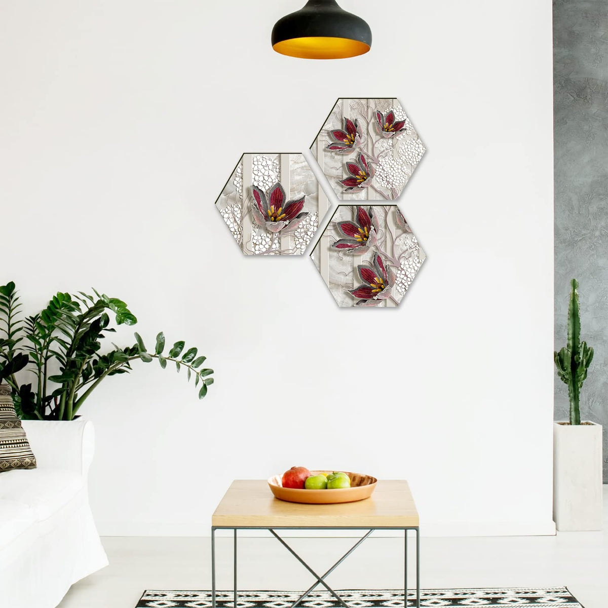 Floral Wall Painting For Living Room Hexagonal Set of 3 (C)