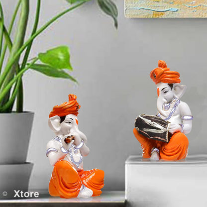 Xtore Musical Ganesha Pair for Home Decor Handicraft Resin| Brings Prosperity - (Orange and White, Pack of 2)(Resin)