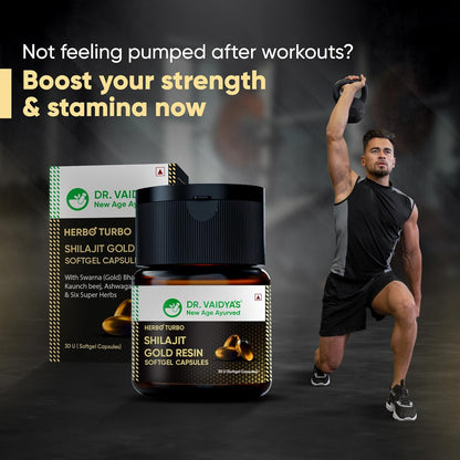 Dr. Vaidya's Herbo24Turbo Shilajit Gold Resin Softgel Capsules | 30 Ayurvedic Capsules for Strength, Stamina & Energy in Men | Enriched with Pure Shilajit for Men & 24K Gold Bhasma