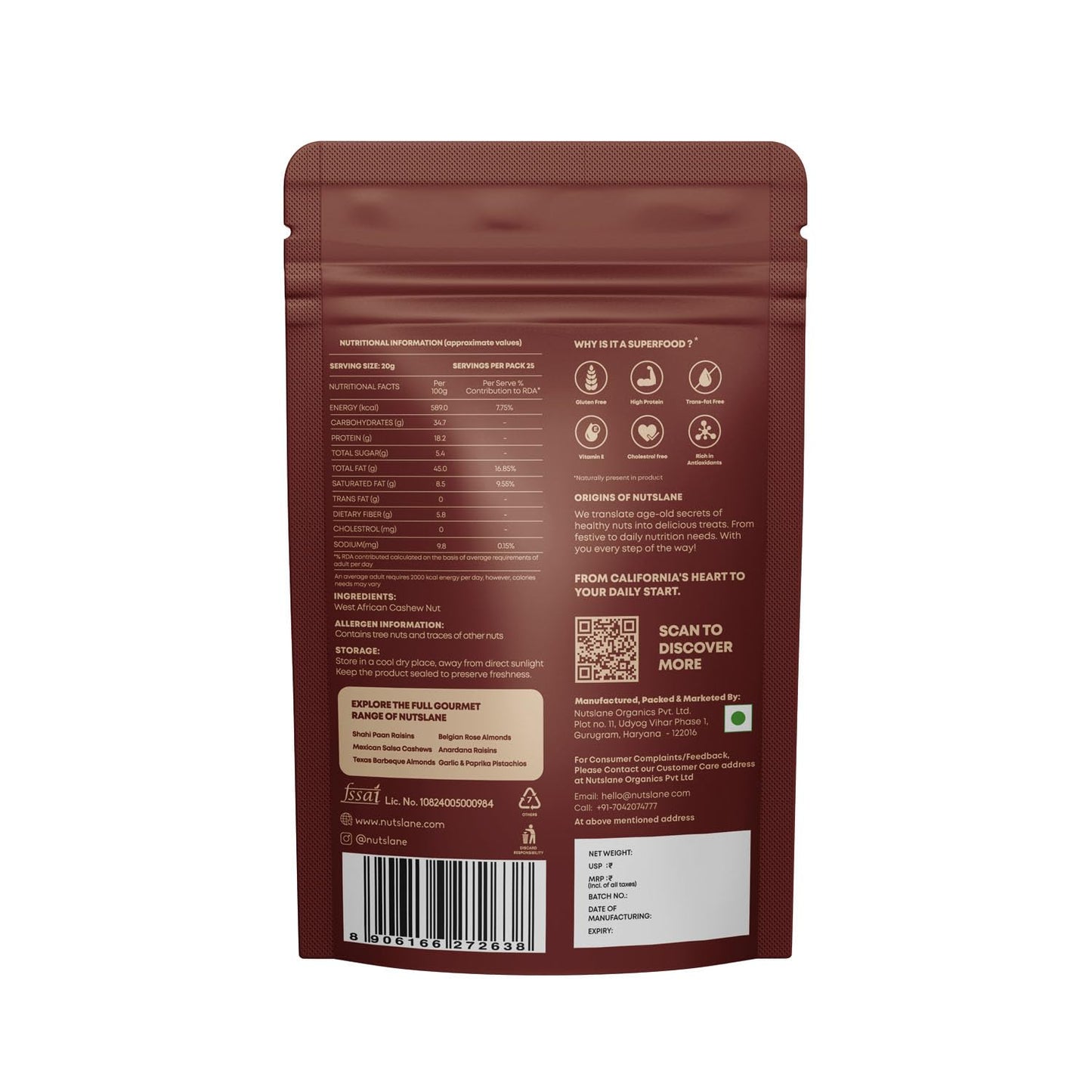Nutslane Premium African Natural Cashews, Kaju Badam, Dry Fruits, Nuts, Crunchy Healthy Snack, Rich in Protein & Nutrients, No preservatives