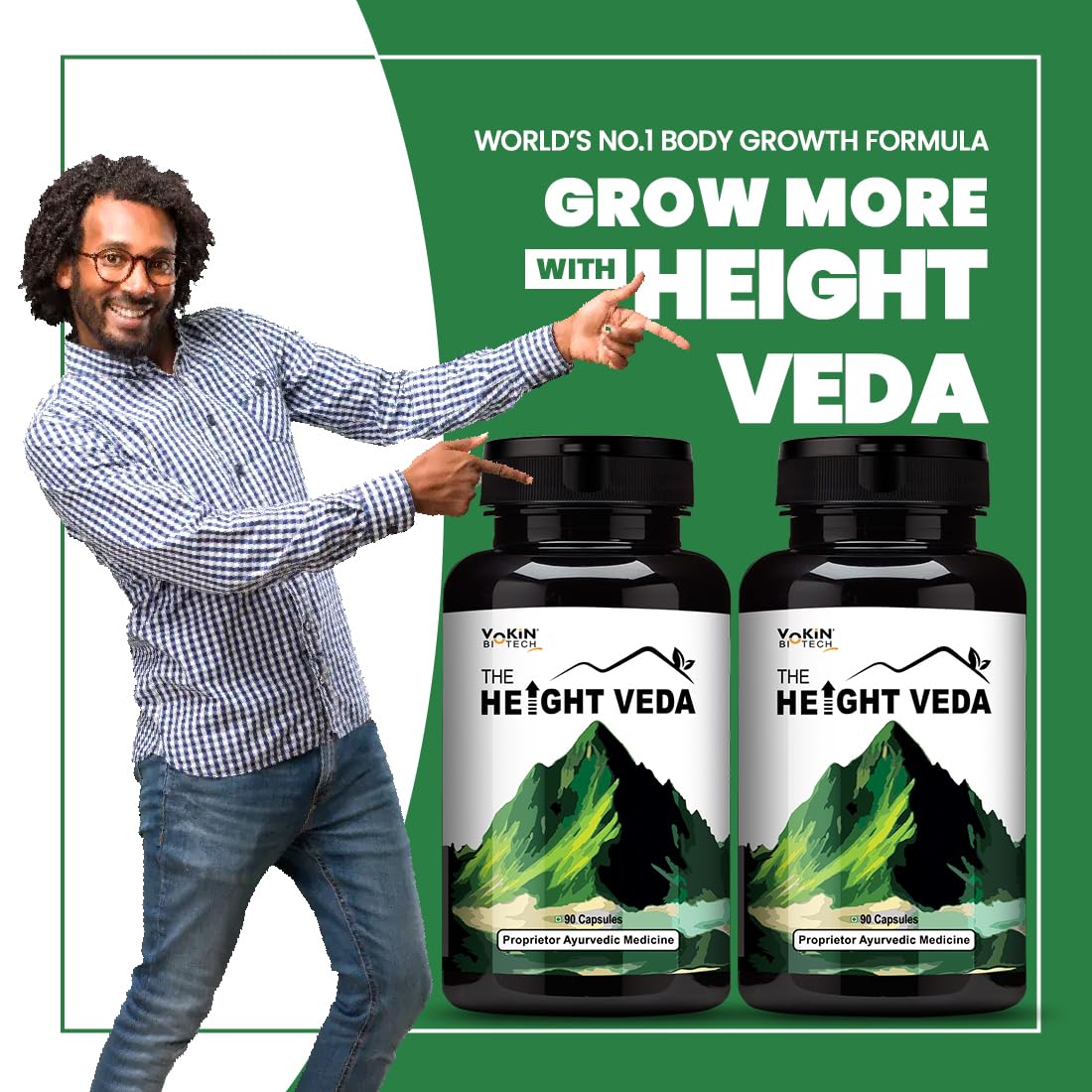 Man pointing at two bottles of 'Height Veda' supplement with promotional text on a green background