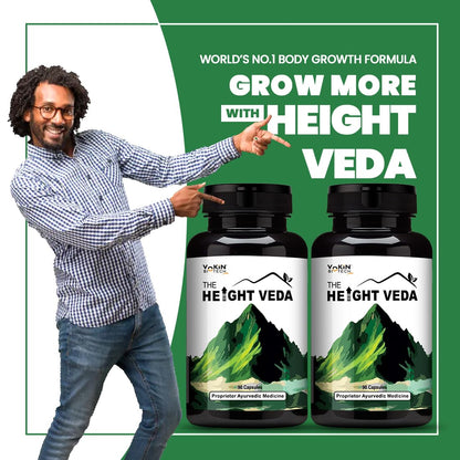 Man pointing at two bottles of 'Height Veda' supplement with promotional text on a green background