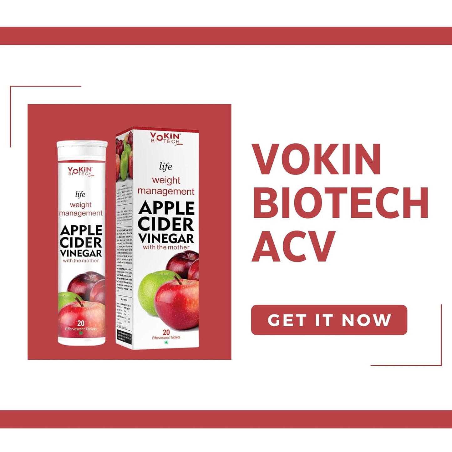 Vokin Biotech Apple Cider Vinegar products with a call to action on a red and white background