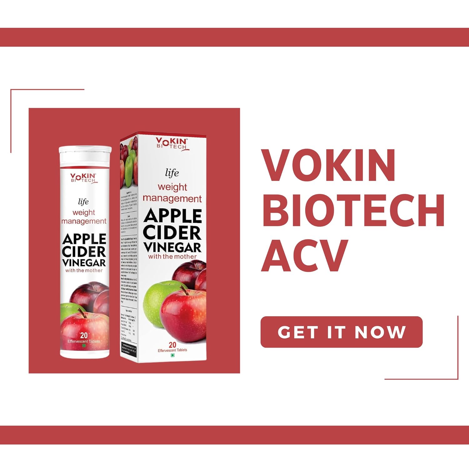 Vokin Biotech Apple Cider Vinegar products with a call to action on a red and white background