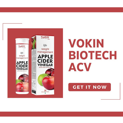 Vokin Biotech Apple Cider Vinegar products with a call to action on a red and white background