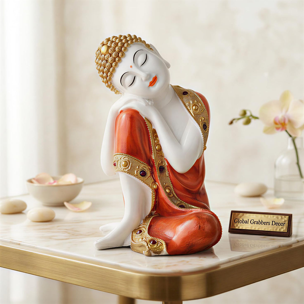 Buddha Idol Statue | Show Pieces for Home Decor Living Room (Orange White Glossy)