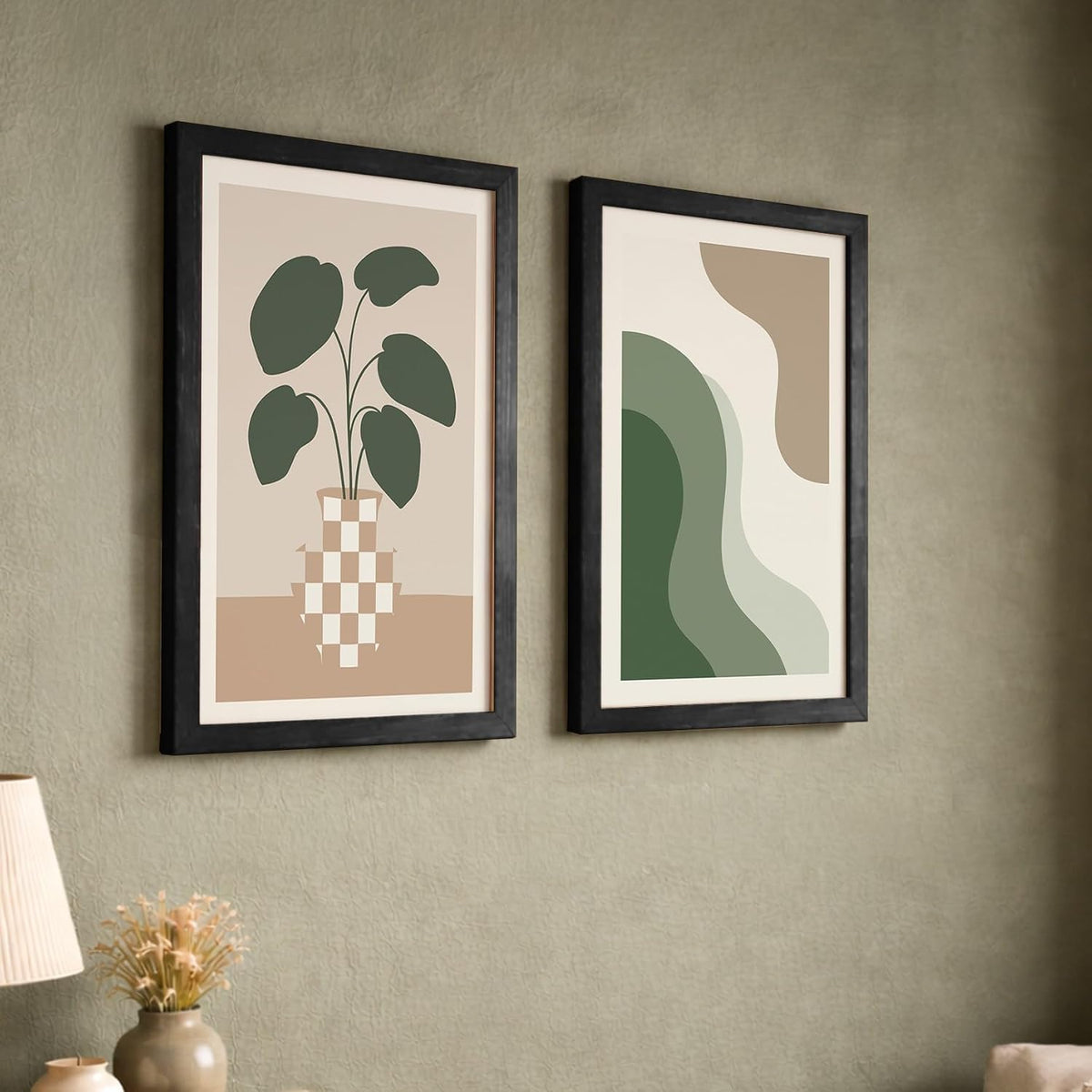 Modern Abstract Botanical Wall Art Set of 2, Minimalist Green Plant Prints, Neutral Beige Framed Wall Decor with Wooden Frames for Living Room, Bedroom & Office