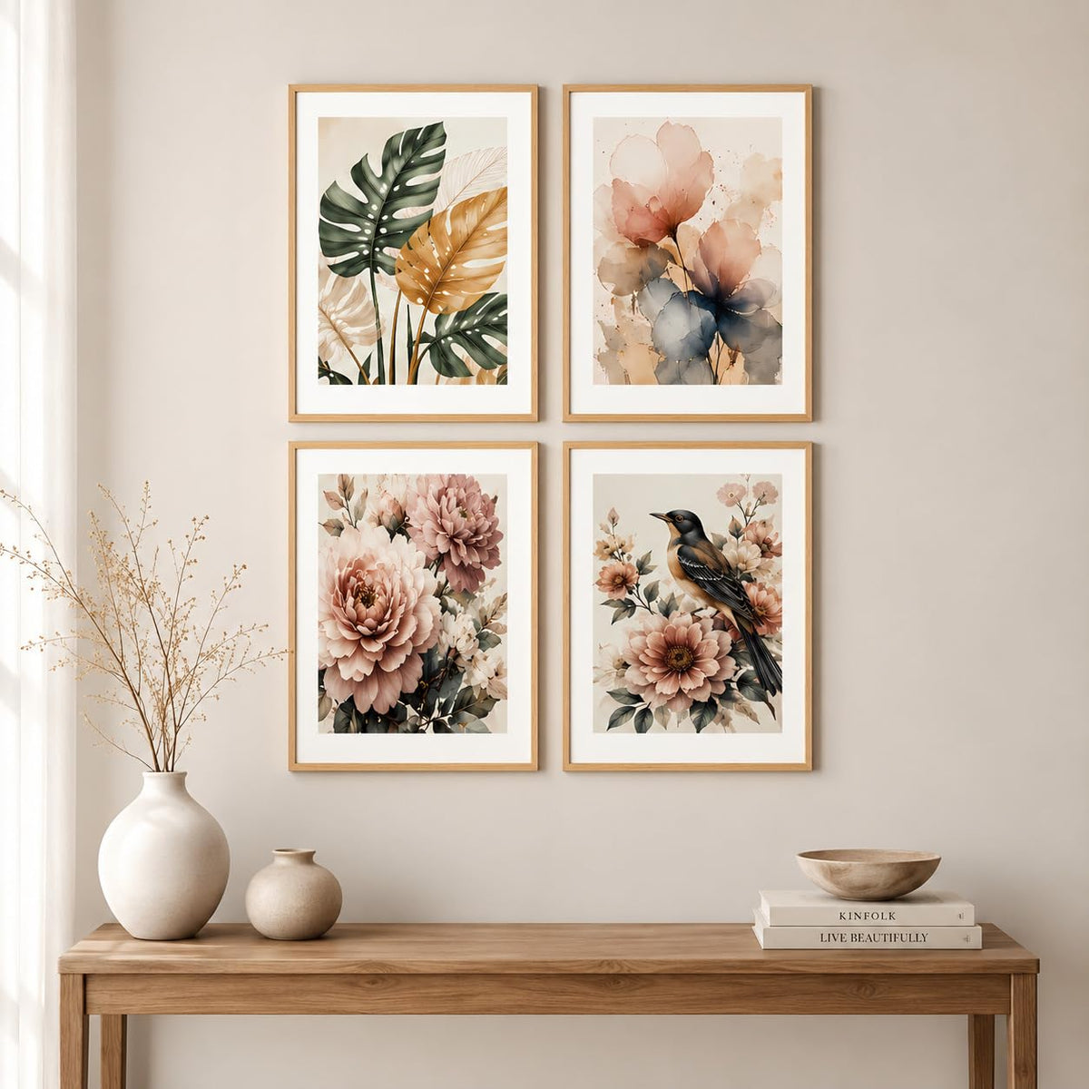 Set of 4 Botanical Floral Bird Wall Paintings with Sparkle Laminate and Premium Wooden Synthetic Frame for Living Room Bedroom Office Decor (13.5 x 19.5 Inch)