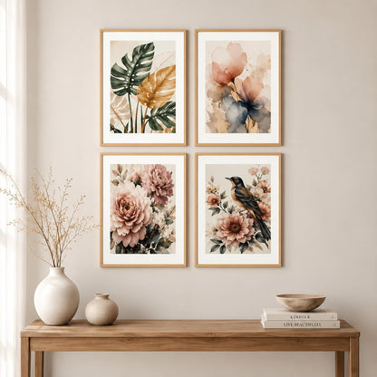Set of 4 Botanical Floral Bird Wall Paintings with Sparkle Laminate and Premium Wooden Synthetic Frame for Living Room Bedroom Office Decor (13.5 x 19.5 Inch)