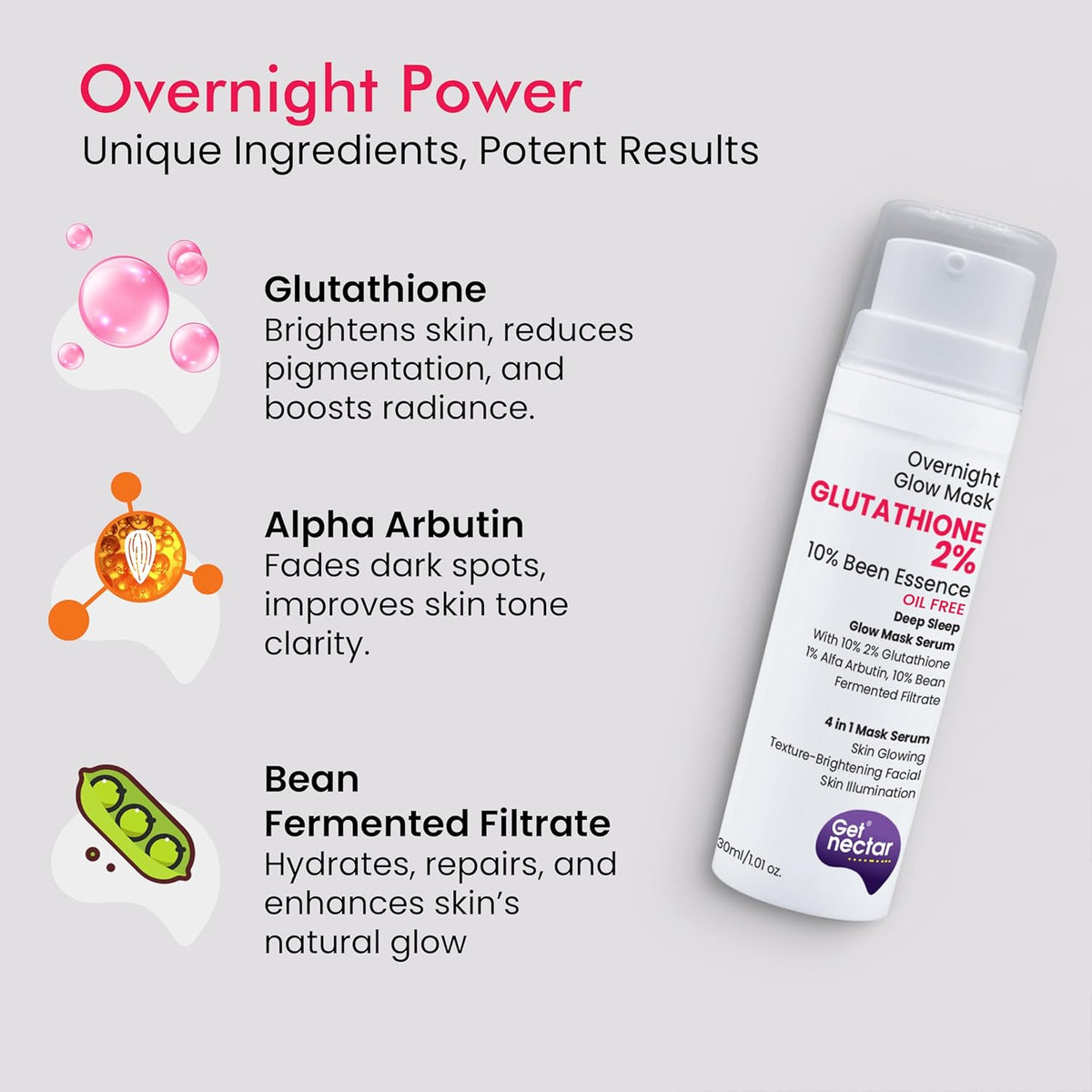 Skincare product with ingredients listed on a gray background