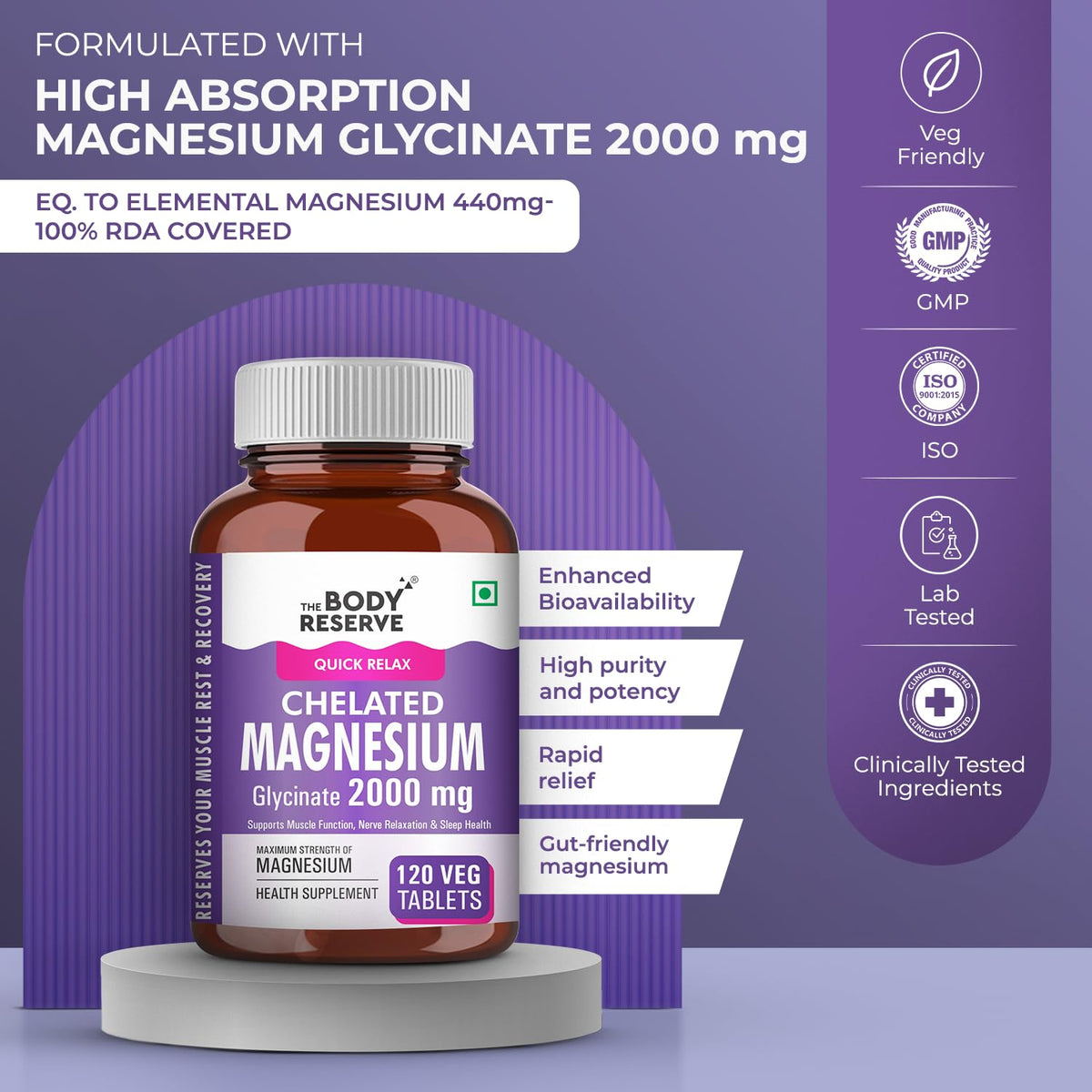 Body Reserve Chelated Magnesium Glycinate supplement bottle on a purple background with certification logos.