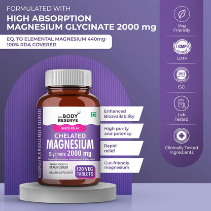 Body Reserve Chelated Magnesium Glycinate supplement bottle on a purple background with certification logos.