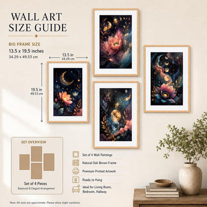 Set of 4 Celestial Moon Lotus Floral Wall Paintings with Sparkle Laminate and Premium Wooden Synthetic Frame for Living Room Bedroom Office Decor (13.5 x 19.5 Inch)
