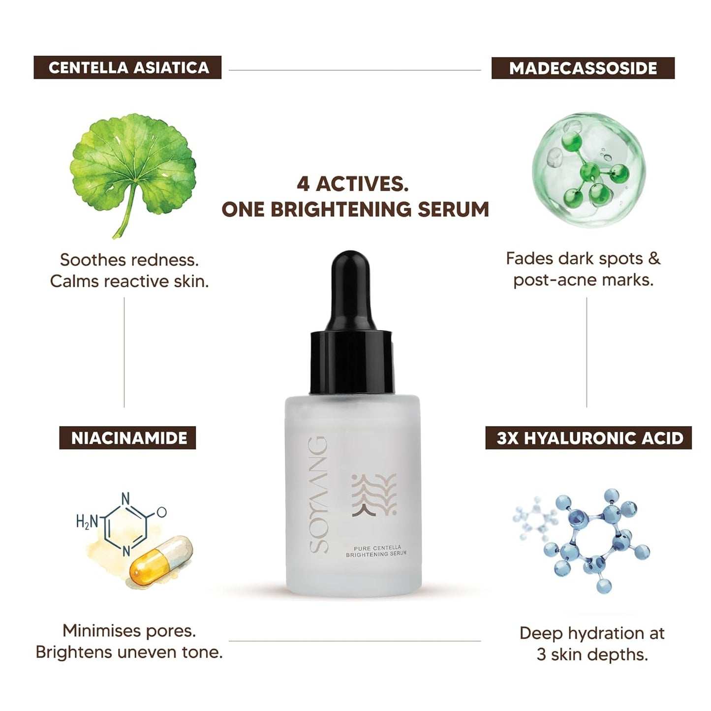 Soyaang Pure Centella Brightening Serum for Indian Men with Niacinamide, Madecassoside & 3X Hyaluronic Acid | Reduces Dark Spots, Redness & Uneven Skin Tone | For All Skin Types | 30ml