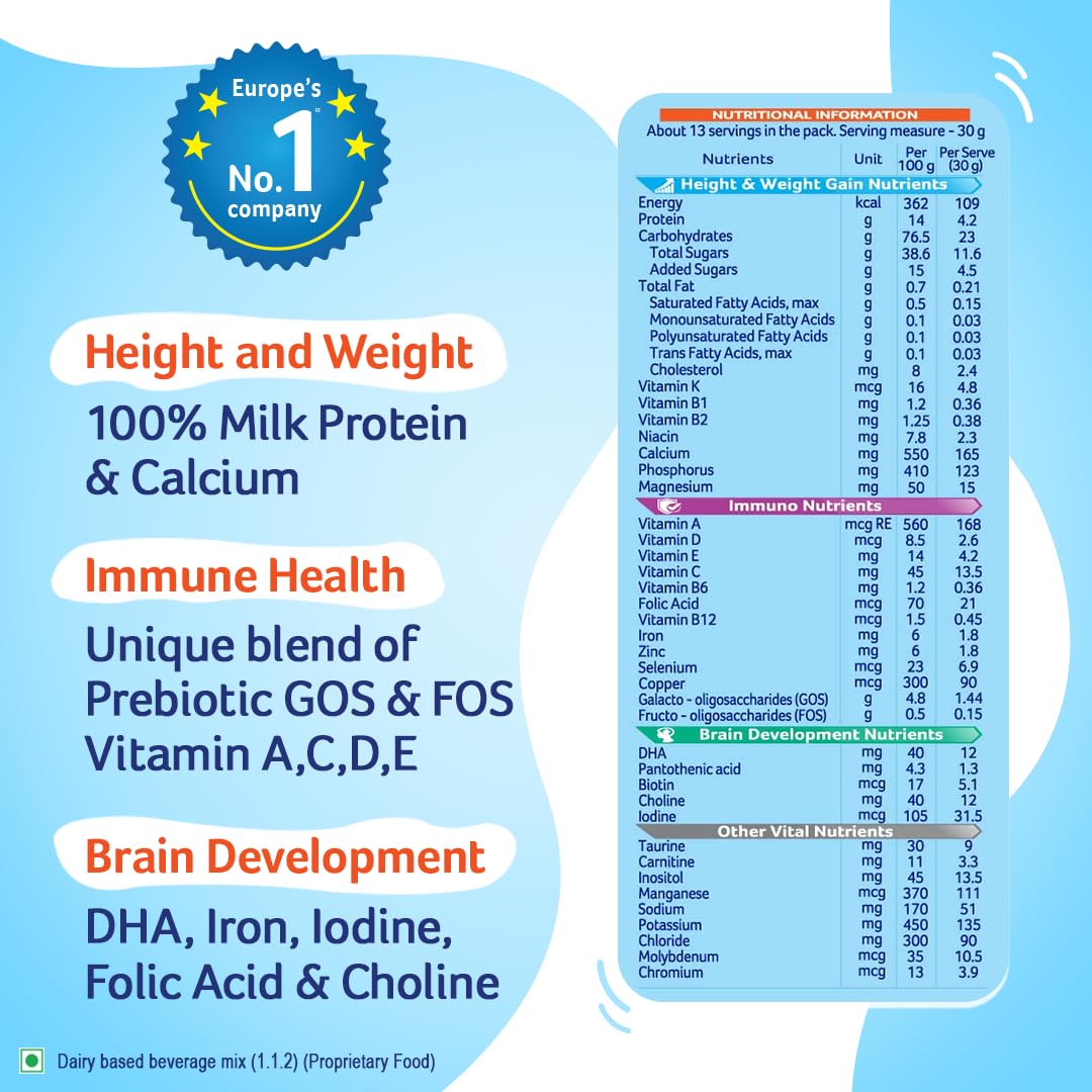 AptaGrow Milk Drink Powder for Kid s Height Gain, Immunity & Brain Development, Nutritious & Tasty Vanilla Flavor, 400g | 37 Nutrients | Prebiotics | Low Fat | Veg