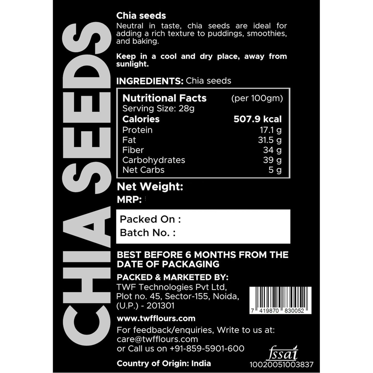 TWF Chia Seeds | AAA Grade Seeds for Eating | Natural Hydrator for Summers | For Weight Loss | Non GMO | Rich In Protein & Dietary Fibre | 100% Clean | Gluten Free Seeds for Smoothies, Oatmeal, Salads & Baking | Resealable Pack