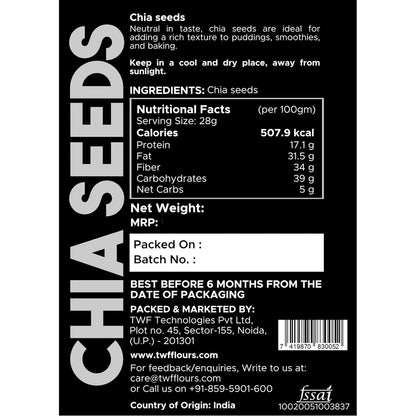 TWF Chia Seeds | AAA Grade Seeds for Eating | Natural Hydrator for Summers | For Weight Loss | Non GMO | Rich In Protein & Dietary Fibre | 100% Clean | Gluten Free Seeds for Smoothies, Oatmeal, Salads & Baking | Resealable Pack