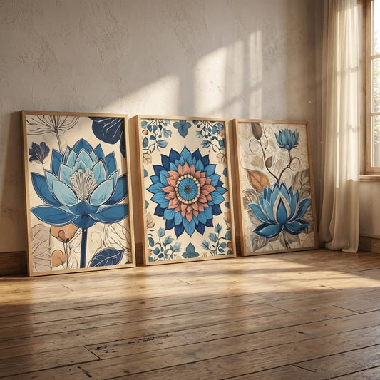 Set of 3 Blue Lotus Floral Wall Paintings for Living Room Bedroom Home Decor, Textured Artwork with Premium Wooden Color Synthetic Frame (13.5 x 19.5 Inch) NM03-53