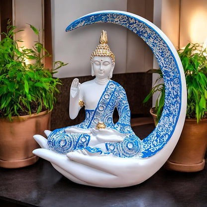 Blue & White Meditating Buddha Idol – Resin Showpiece with Moon & Lotus Hand Base for Home Decor, Office & Spiritual Gift