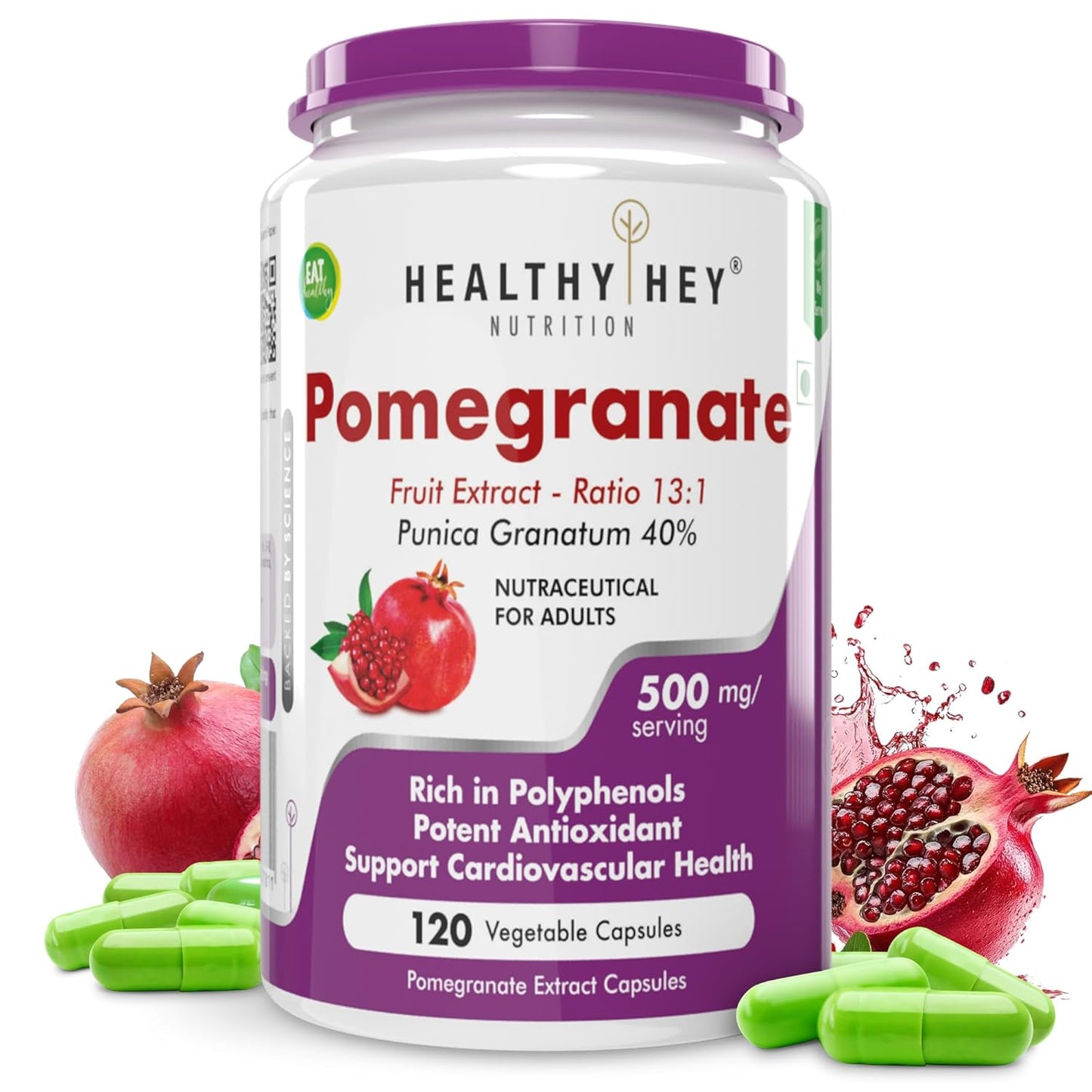 Pomegranate supplement container with pomegranate graphics on a white background