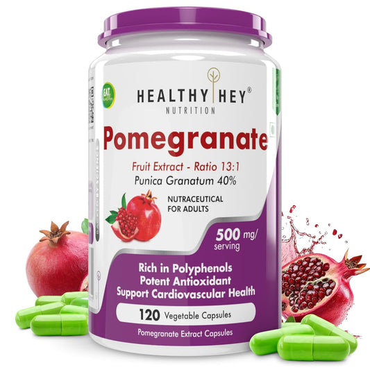 Pomegranate supplement container with pomegranate graphics on a white background