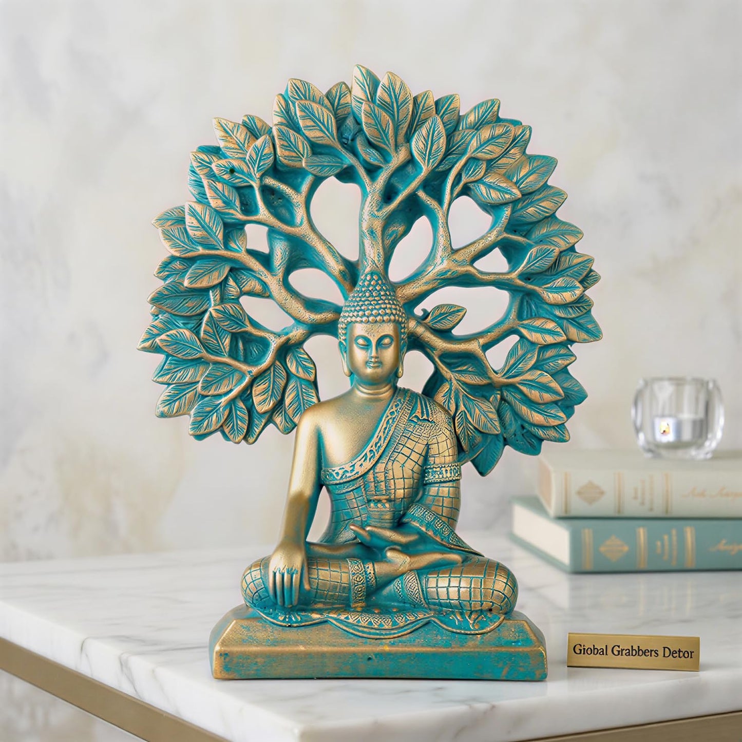 Global Grabbers Buddha Statue Showpiece Idol Home Decor Decoration Items for Living Room and Gifts (Antique Golden Blue)