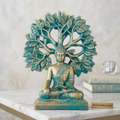 Global Grabbers Buddha Statue Showpiece Idol Home Decor Decoration Items for Living Room and Gifts (Antique Golden Blue)