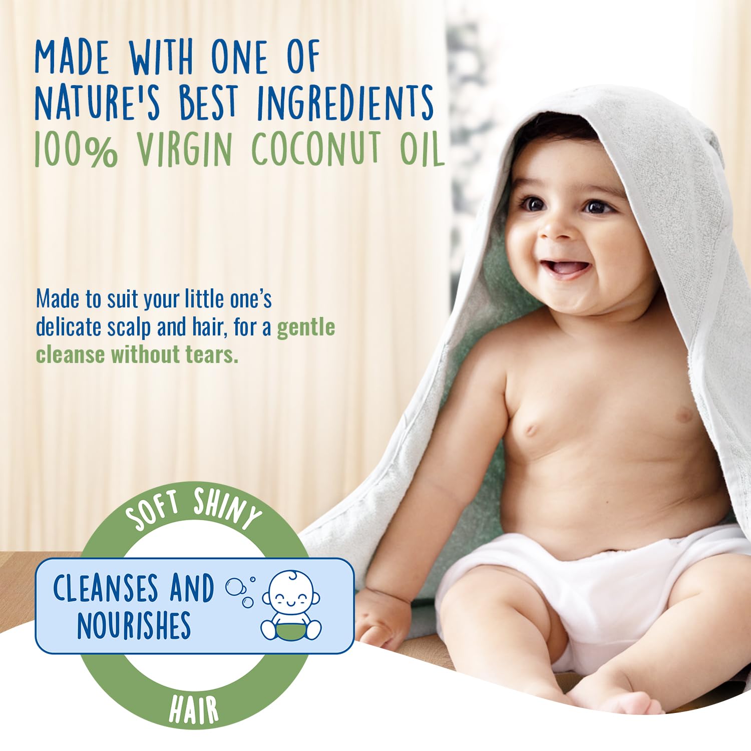 Baby wrapped in a towel with text about coconut oil and its benefits for hair care.