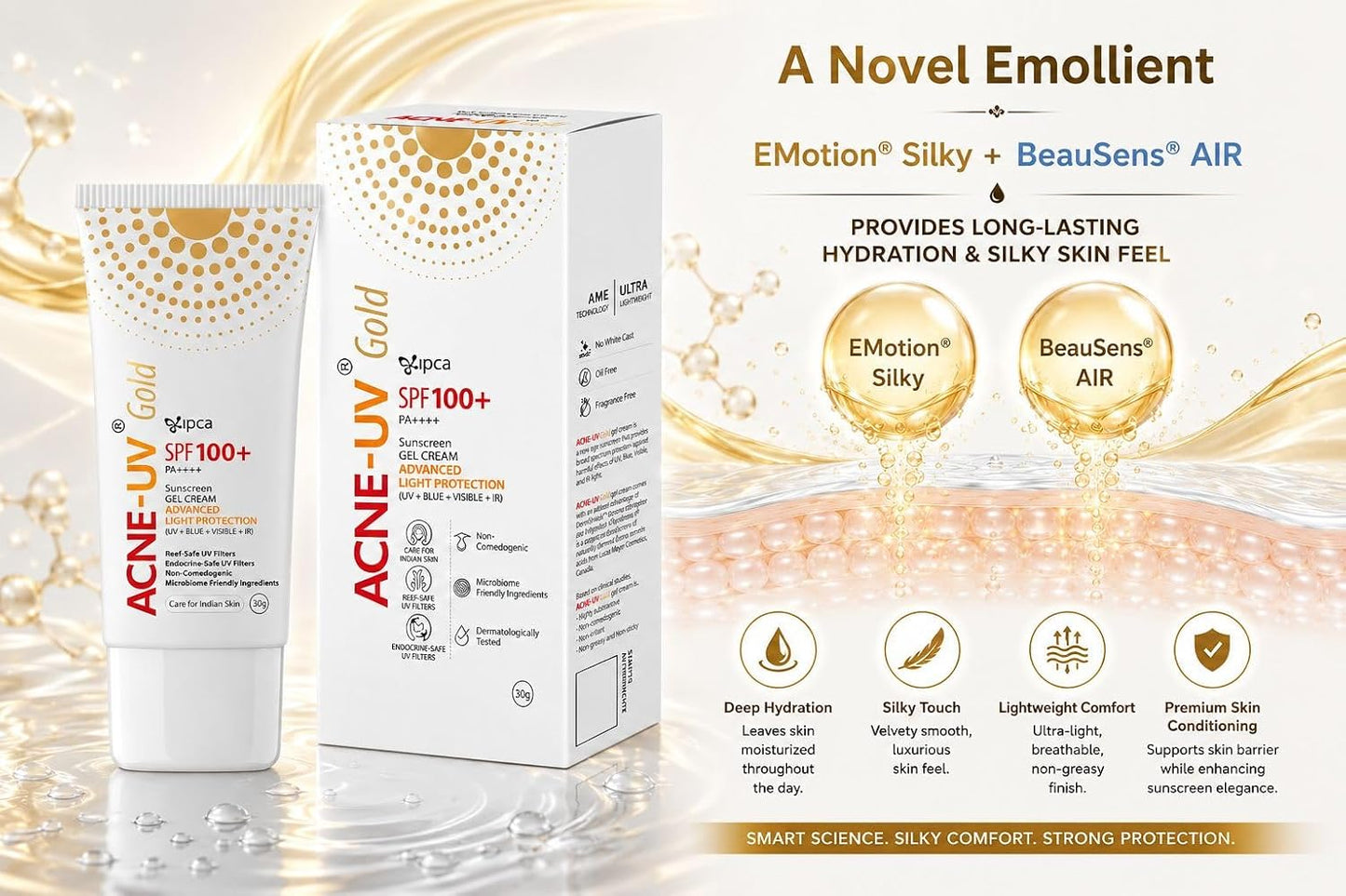 Ipca ACNE-UV GOLD Sunscreen SPF 100+ PA++++ | 30g Oil Free, Non Comedogenic Silicone Gel Sunscreen | UVA/UVB Protection | Water Resistant | No White Cast | Suitable for All Skin Types