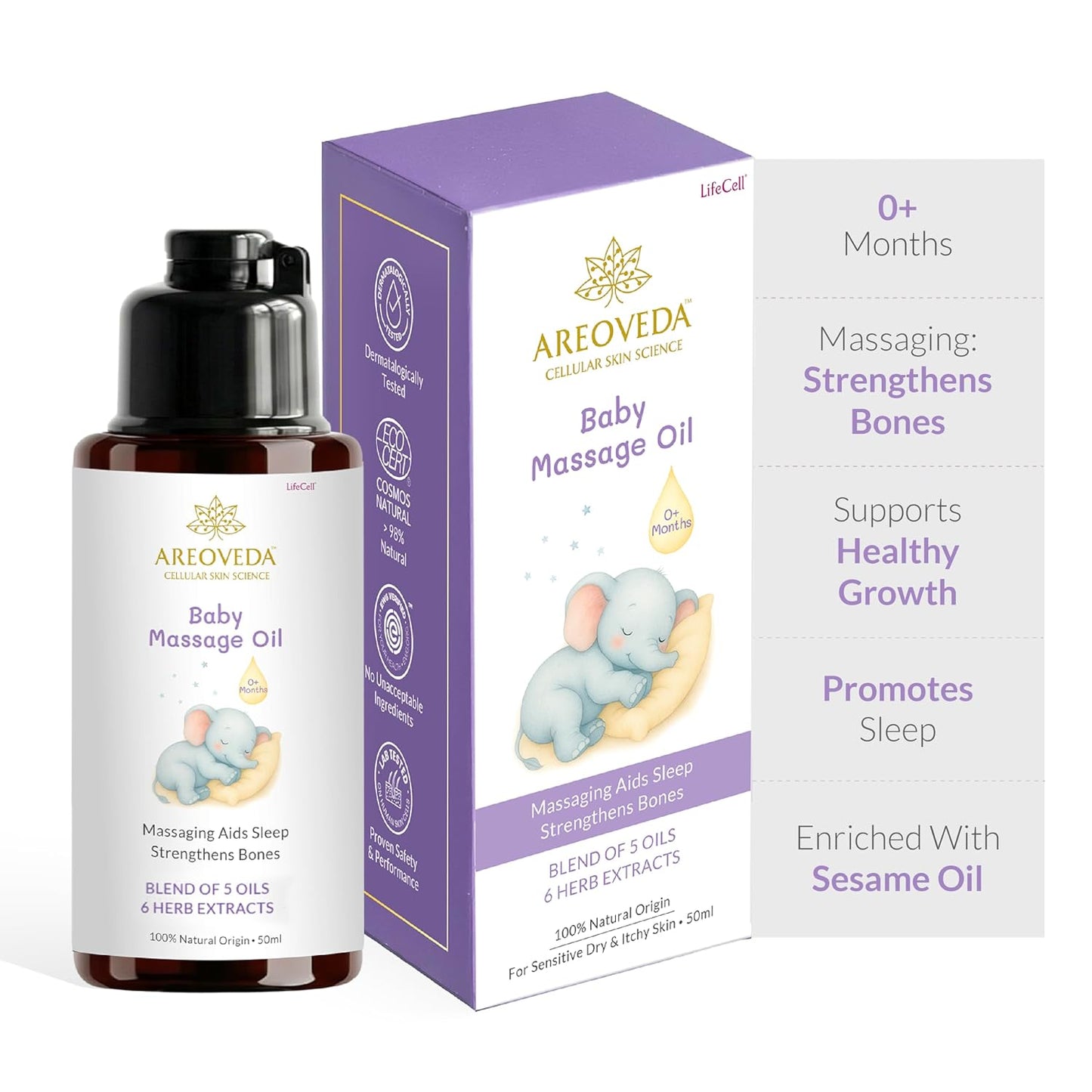 AreoVeda Organic Cold-Pressed Baby Massage Oil for Babies & Toddlers (50ml) | With Almond (Badam) & Sesame Oils | Non-Sticky & Quick-Absorbing | Massage Strengthens Bones, Aids Sleep